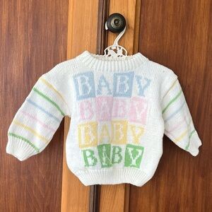 Vintage 90s White Baby Color Block Knit Hand loomed Sweater Pastel Stripes 12M